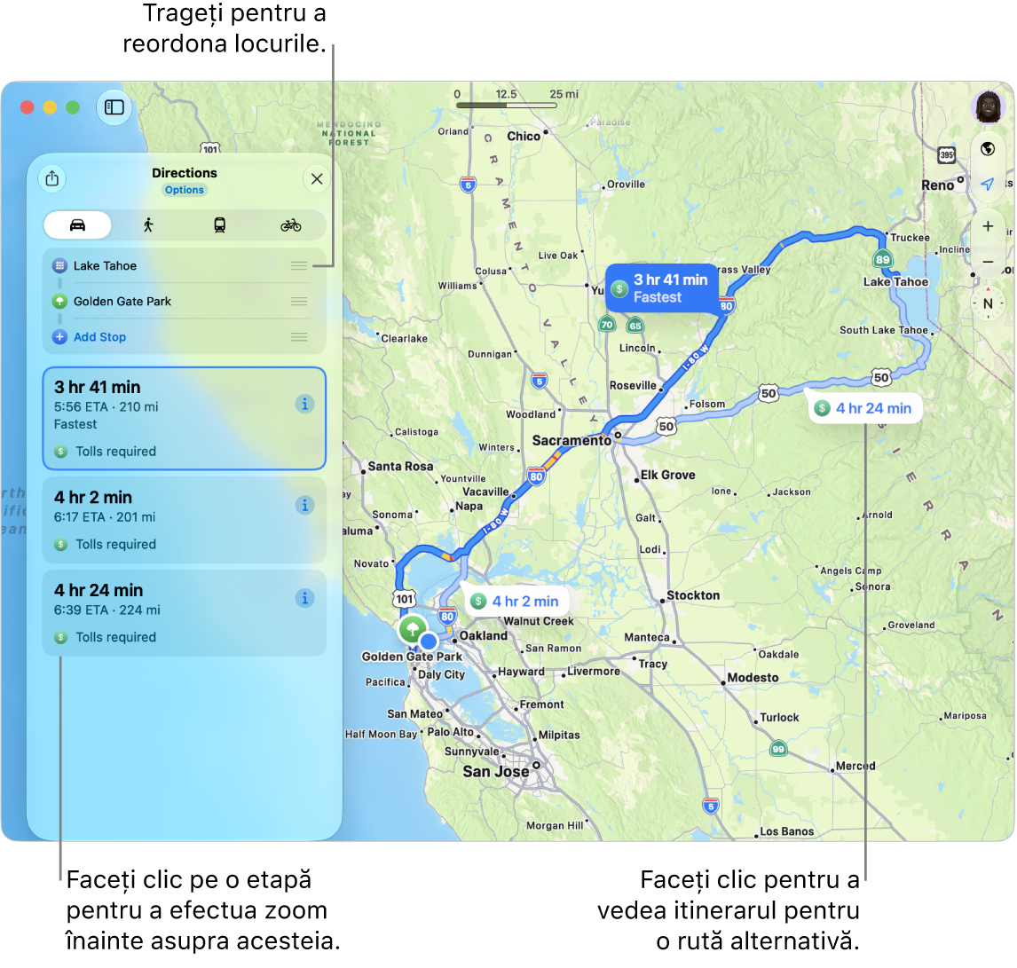 O hartă cu o rută auto între două locuri din California. Pe hartă sunt afișate și rutele alternative.
