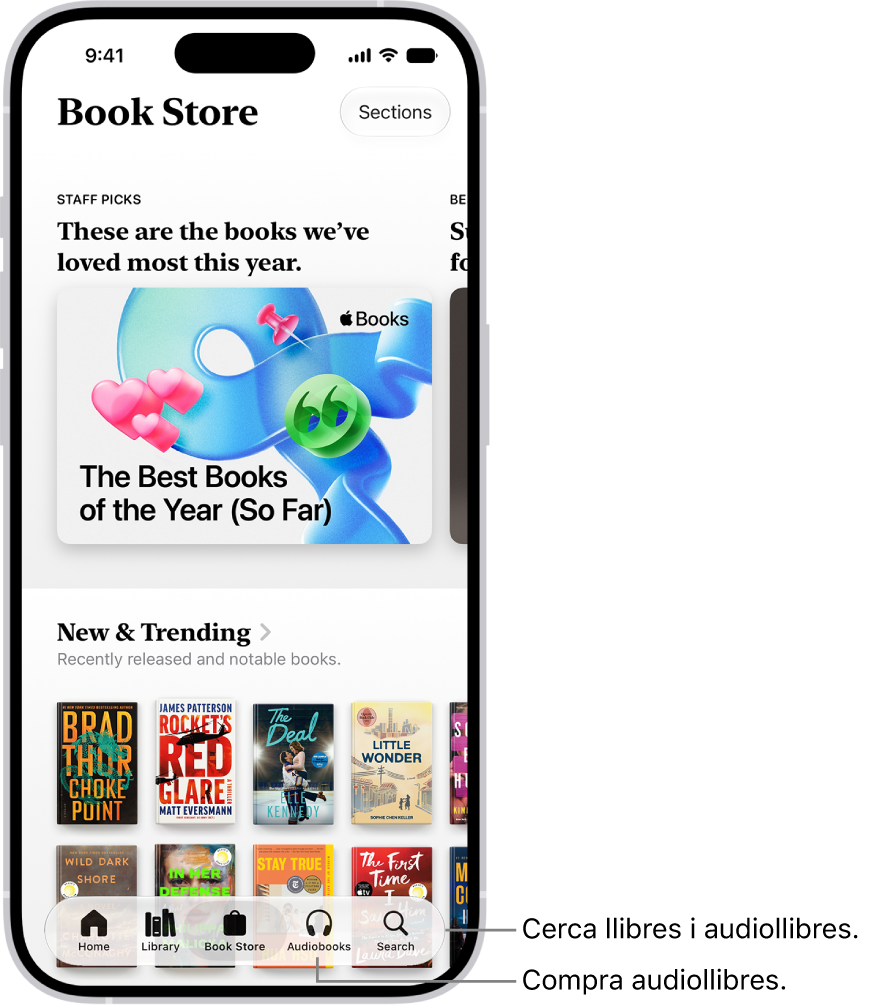 Pantalla de la botiga de l’app Llibres. A la part inferior de la pantalla hi ha, d’esquerra a dreta, les pestanyes “Inici”, “Biblioteca”, “Botiga”, “Audiollibres” i “Cerca”. La pestanya “Botiga” està seleccionada.