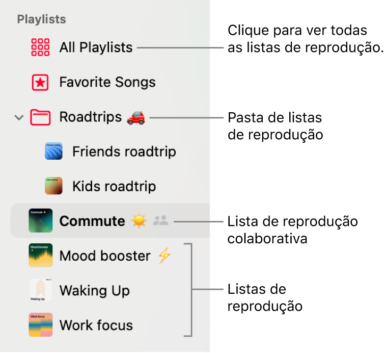A barra lateral da aplicação Música com uma pasta de listas de reprodução e os vários tipos de listas de reprodução: Músicas favoritas, colaborativa e listas de reprodução. Clique em “Todas as listas de reprodução” para as ver todas.