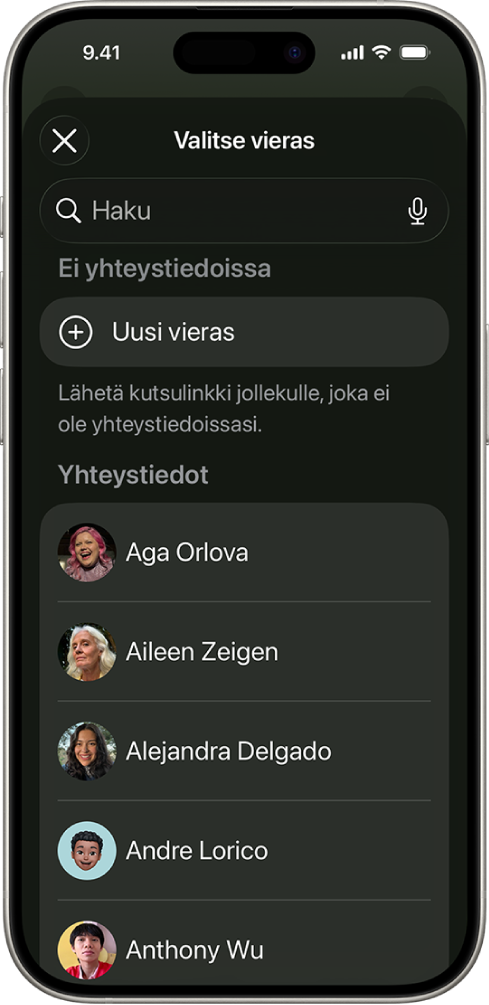 Valitse vieras -näyttö ja yhteystietoluettelo iPhonessa.