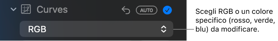I controlli Curve nel pannello Regola con l’opzione RGB selezionata nel menu a comparsa.