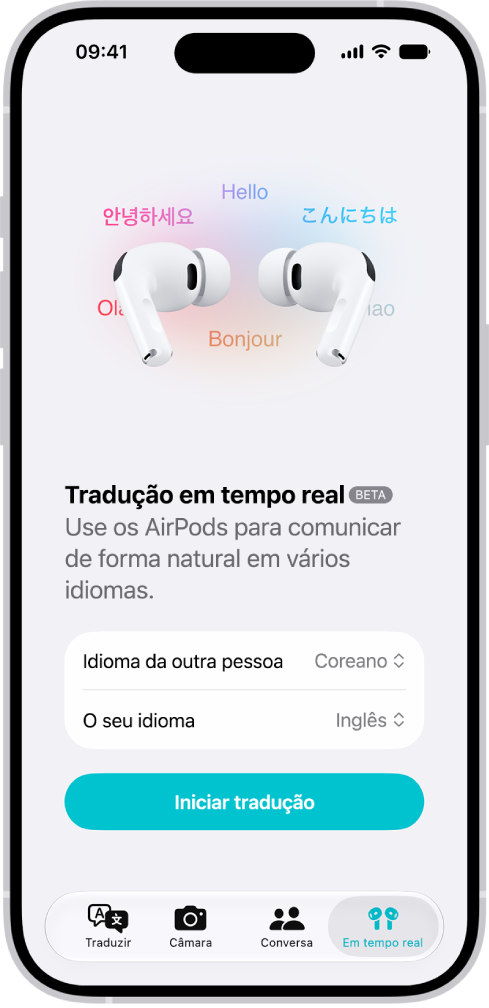 A aplicação Traduzir no iPhone a mostrar o ecrã “Tradução em tempo real”. O ecrã a mostrar dois menus pop-up para escolher o idioma da outra pessoa e o seu idioma, assim como um botão para iniciar a funcionalidade Tradução em tempo real.