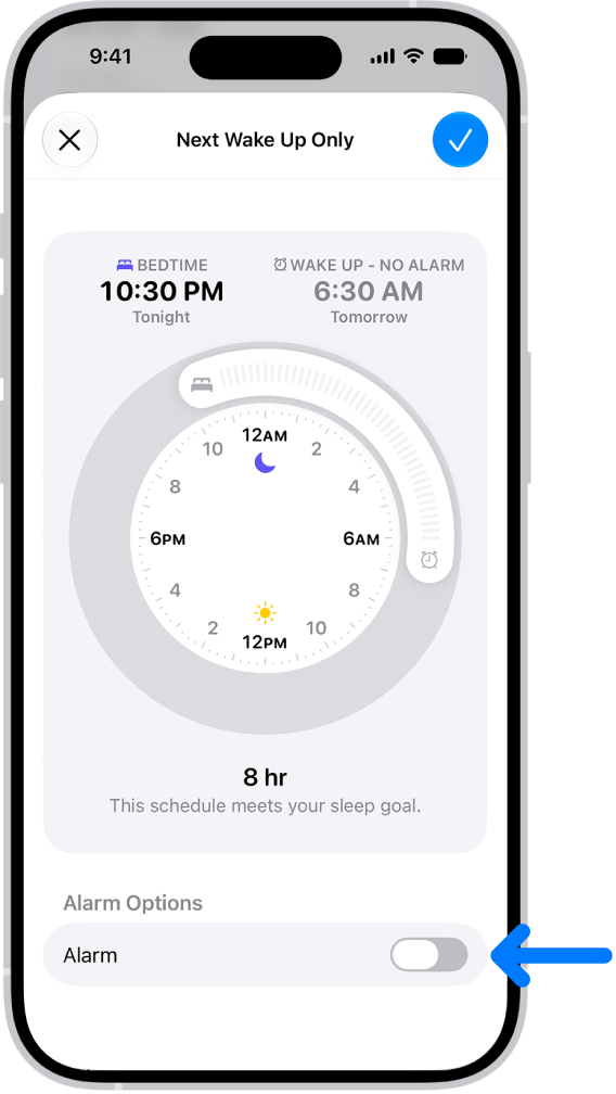 La pantalla Sólo siguiente despertar en la app Salud con la opción Alarma desactivada en la parte inferior.