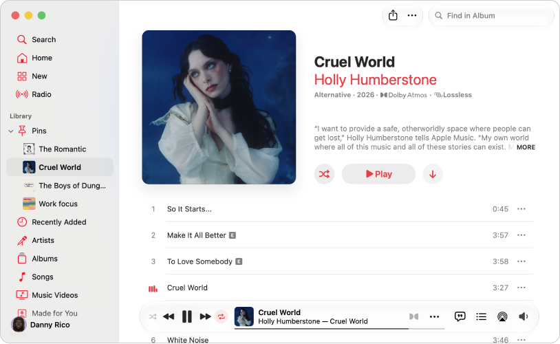 The Apple Music window showing pinned albums in the sidebar.