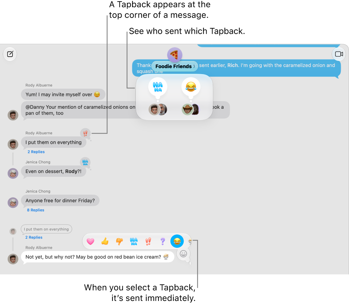 Tapbacks appear at the top corners of several messages, indicating responses to those messages. Tapback choices appear in a menu. A record of who sent which tapback appears at the top of the transcript.