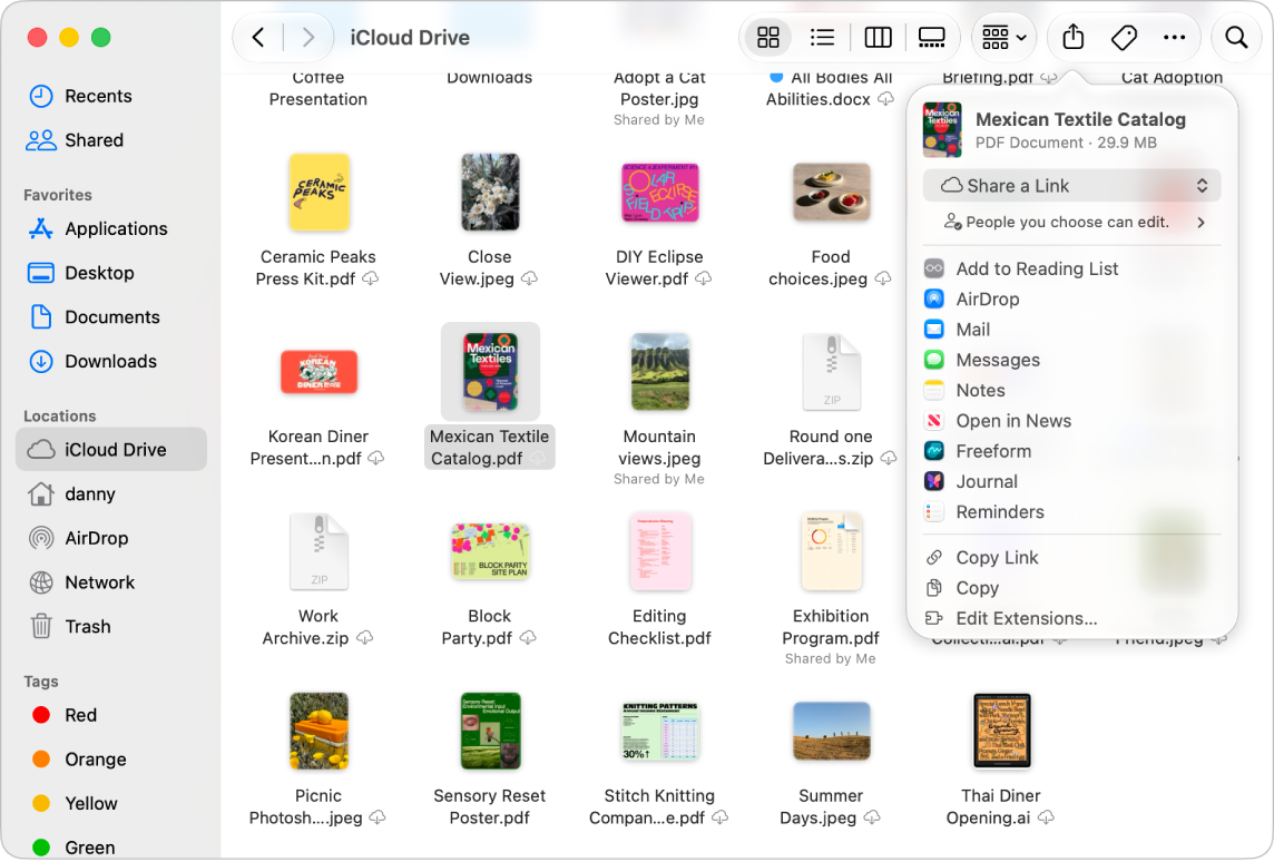 A Finder window showing files and folders in iCloud Drive. In the Share pop-up menu, Collaborate is selected.