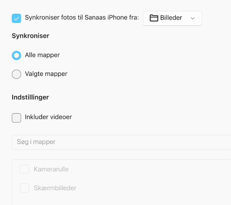“Alle fotos og album” og radioknapper til Valgte album vises med afkrydsningsfelterne “Kun favoritter,“ Inkluder videoer ”og“ Inkluder automatisk fotos fra ”nedenfor.
