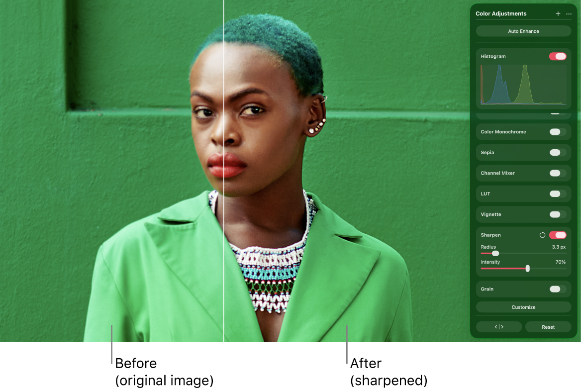 A before-and-after comparison showing of a photo with the sharpening effect applied, and the Color Adjustments pane on the right with the Sharpen controls visible.