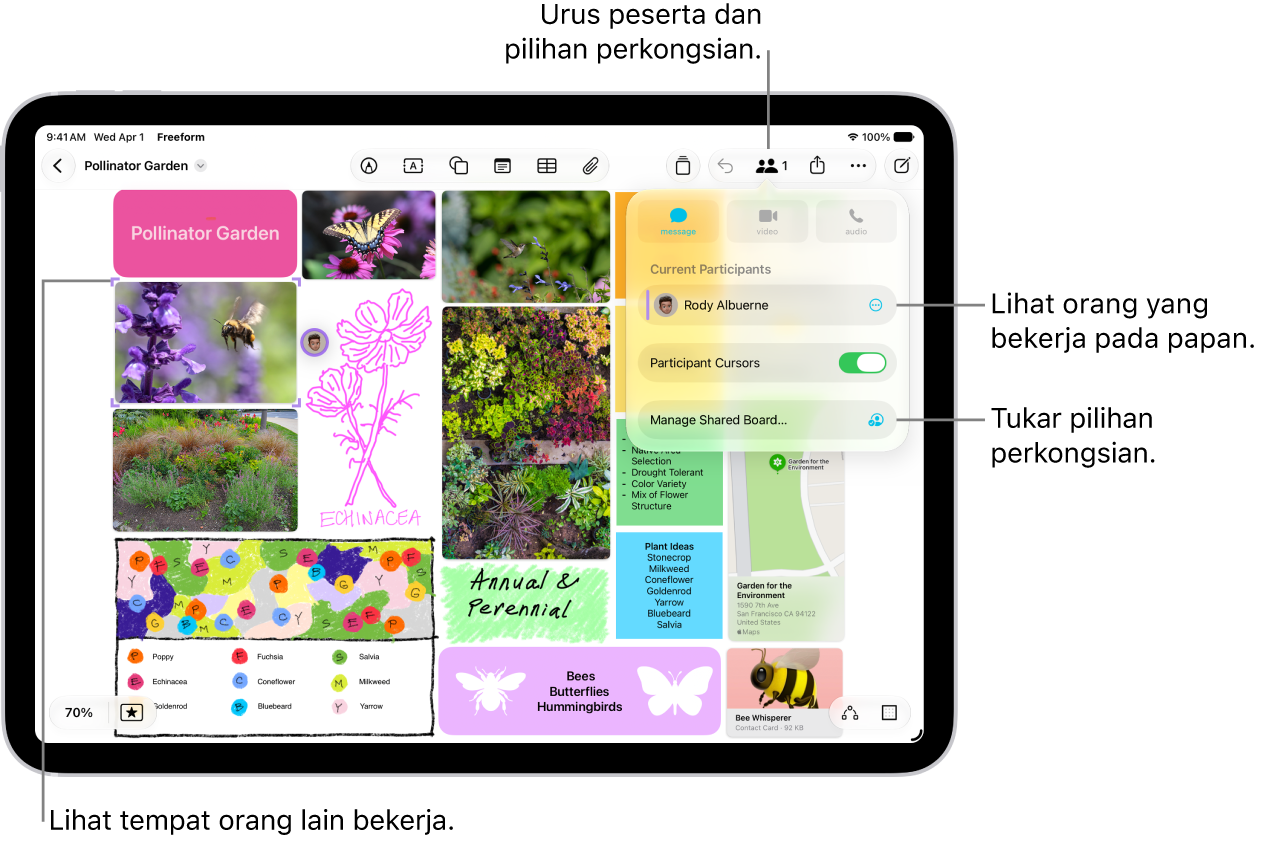 Papan Freeform dikongsi pada iPad dengan menu bekerjasama dibuka dan lokasi peserta lain pada papan yang ditandakan dengan tanda semak berwarna.