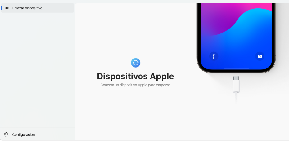 La ventana principal de Dispositivos mostrando un mensaje para conectar un dispositivo Apple.