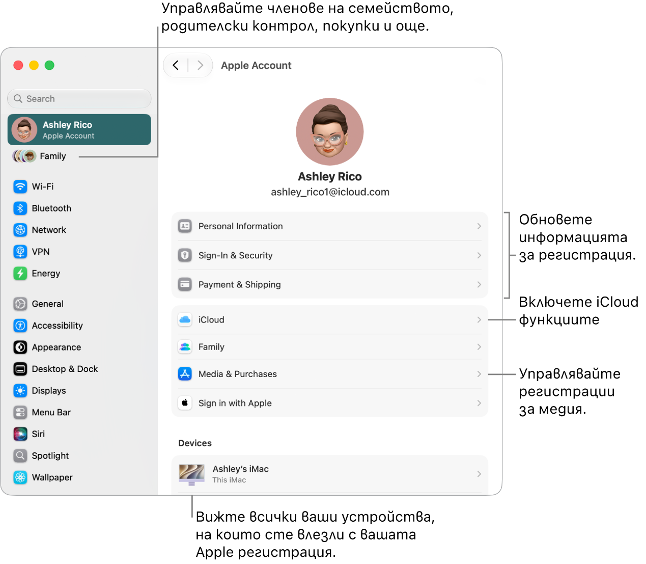 Настройките на Apple регистрация в System Settings (Системни настройки) с надписи за обновяване на информацията за регистрацията, включване и изключване на функциите на iCloud, управление на регистрации за медийно съдържание и настройки на Family (Семейство), от които можете да управлявате членовете на семейството, родителски контрол, покупки и други.
