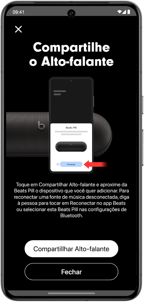 A tela Compartilhe o Alto-falante do app&nbsp;Beats mostrando os botões Compartilhar Alto-falante e Fechar.