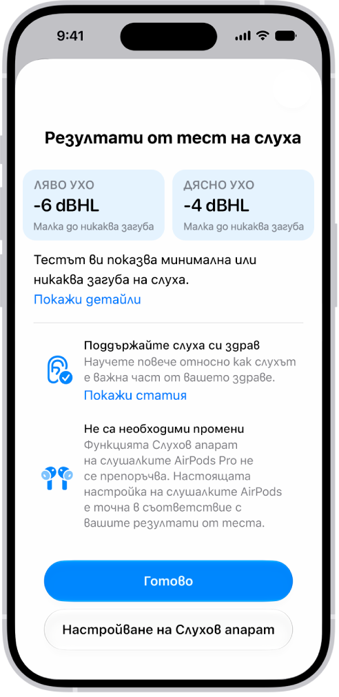 Резултати от Тест на слуха на iPhone, които показват от малка до никаква загуба на слуха в двете уши. В долната част са показани опции за докосване на Готово или Настройване на слухов апарат.