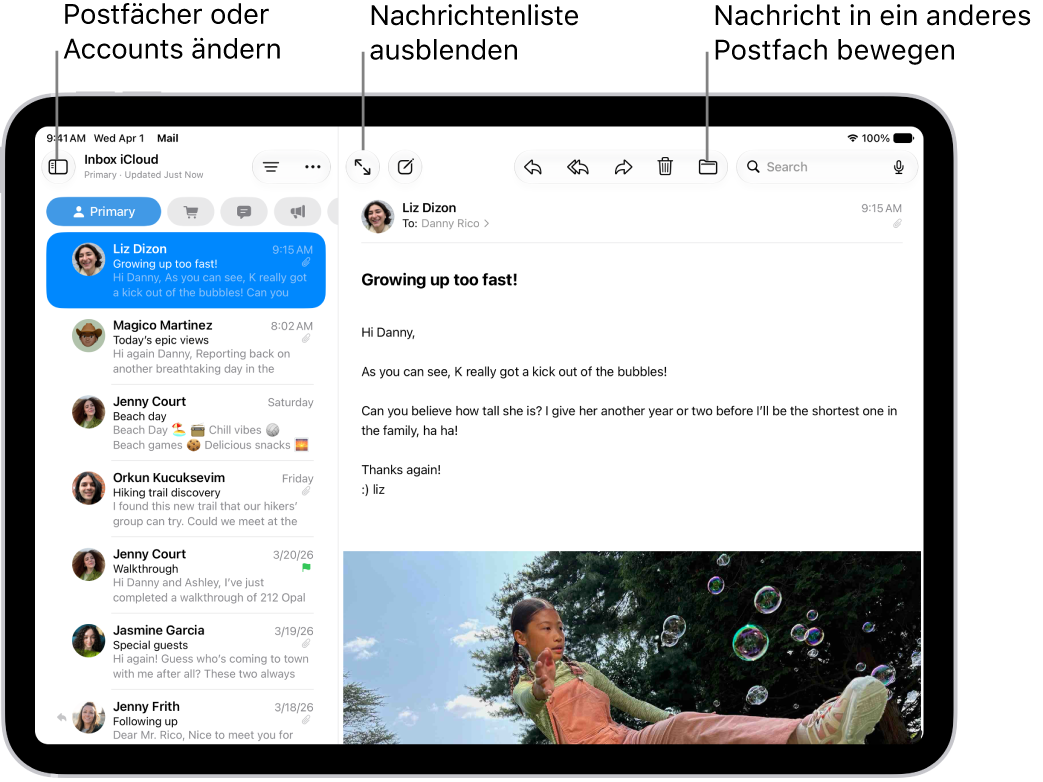 Der Posteingang der App „Mail“ mit einer E-Mail-Liste auf der linken Seite und einer geöffneten E-Mail auf der rechten Seite.