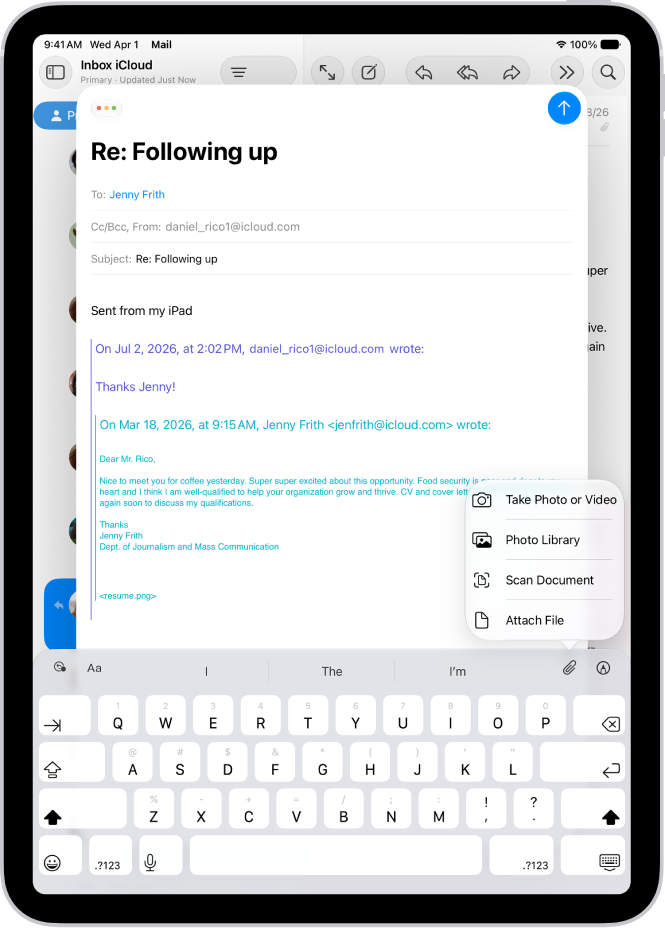 A draft email being composed with the attachment options above the keyboard.