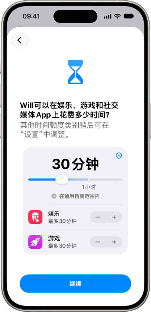 家长控制设置屏幕，显示“社交媒体”和“娱乐”等 App 类别的允许时长。