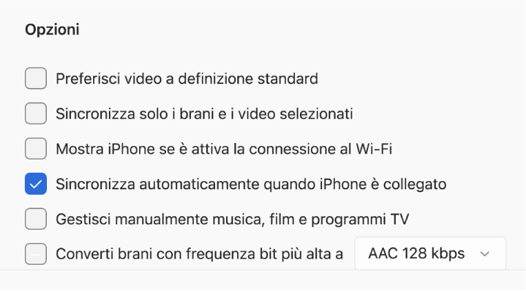Opzioni per la sincronizzazione del tuo dispositivo Apple con un dispositivo Windows. L’opzione “Sincronizza automaticamente quando iPhone è collegato” è selezionata.