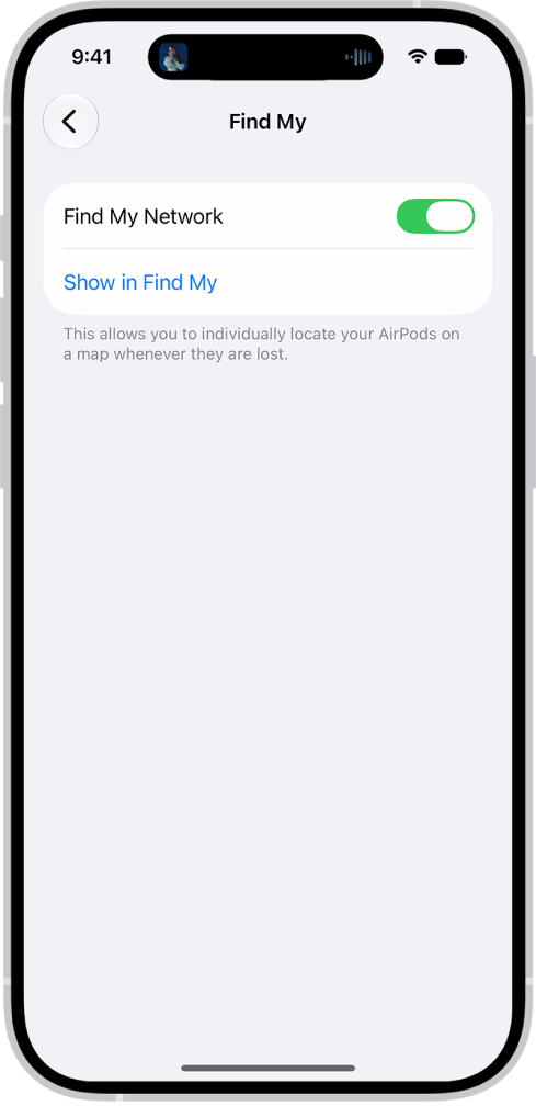 Bluetooth settings on an iPhone showing options for AirPods&nbsp;Pro. The Find My Network option is on, which allows AirPods to be located individually on a map whenever they’re lost.