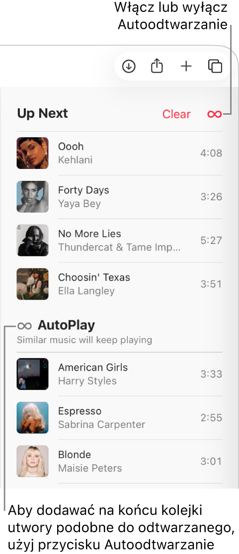 Kolejka Następnie u&nbsp;góry Apple&nbsp;Music. Widoczny jest przycisk Wymaż oraz przycisk funkcji AutoPlay. Funkcja AutoPlay jest włączona.