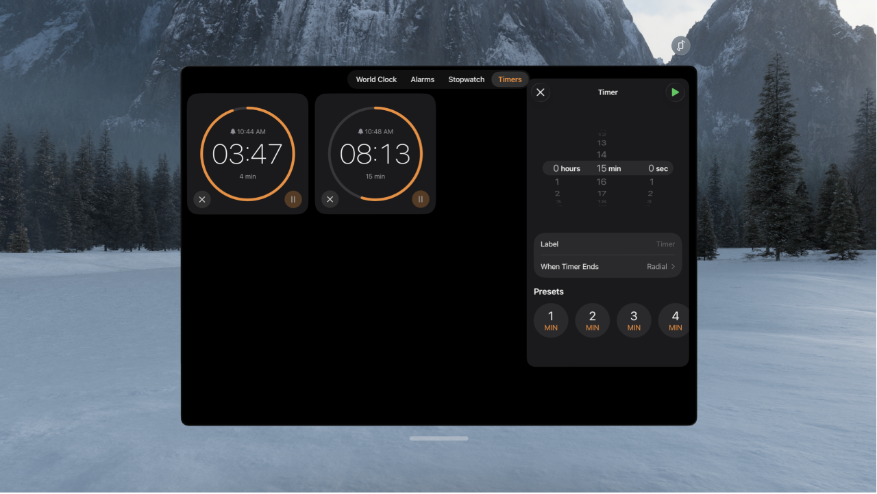 The Clock app on Apple&nbsp;Vision&nbsp;Pro, showing multiple timers running.
