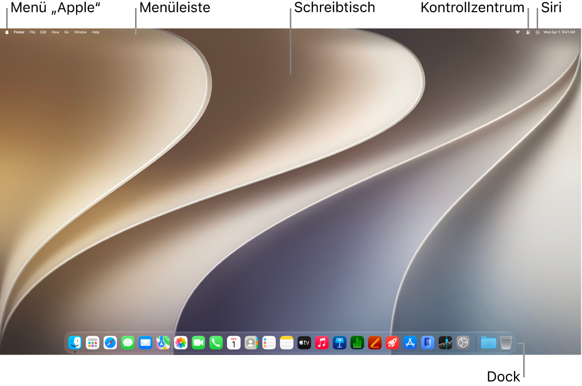 Ein Mac-Schreibtisch mit der Menüleiste oben und dem Dock unten auf dem Bildschirm.