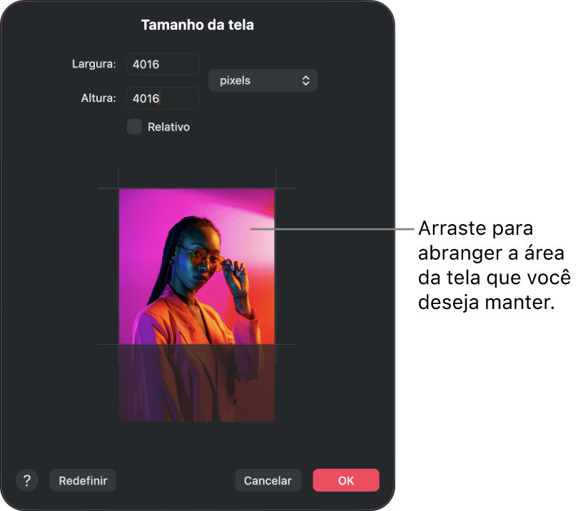 A janela de Tamanho da Tela.