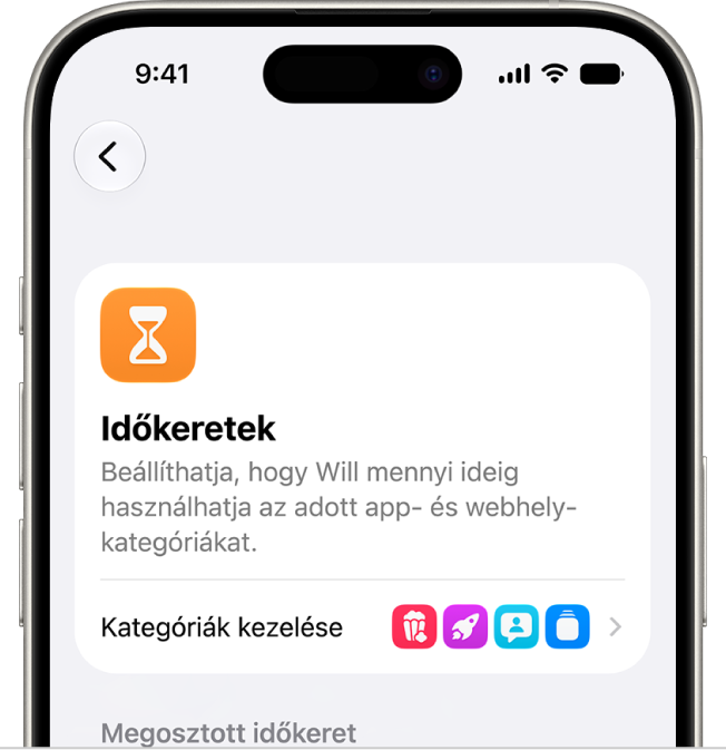 A Képernyőidő-beállítások Időkeretek ablaktáblája.