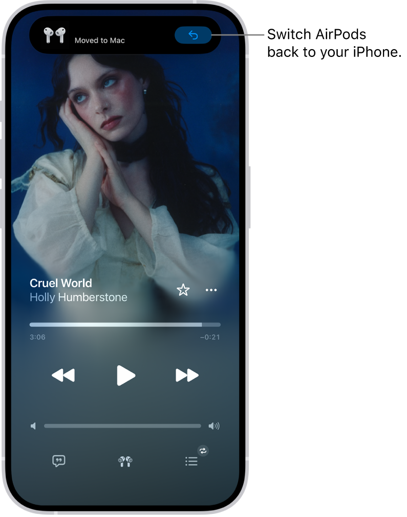 The Lock Screen on iPhone with a message at the top reading “Moved to Mac” and a button to switch the AirPods back to iPhone.