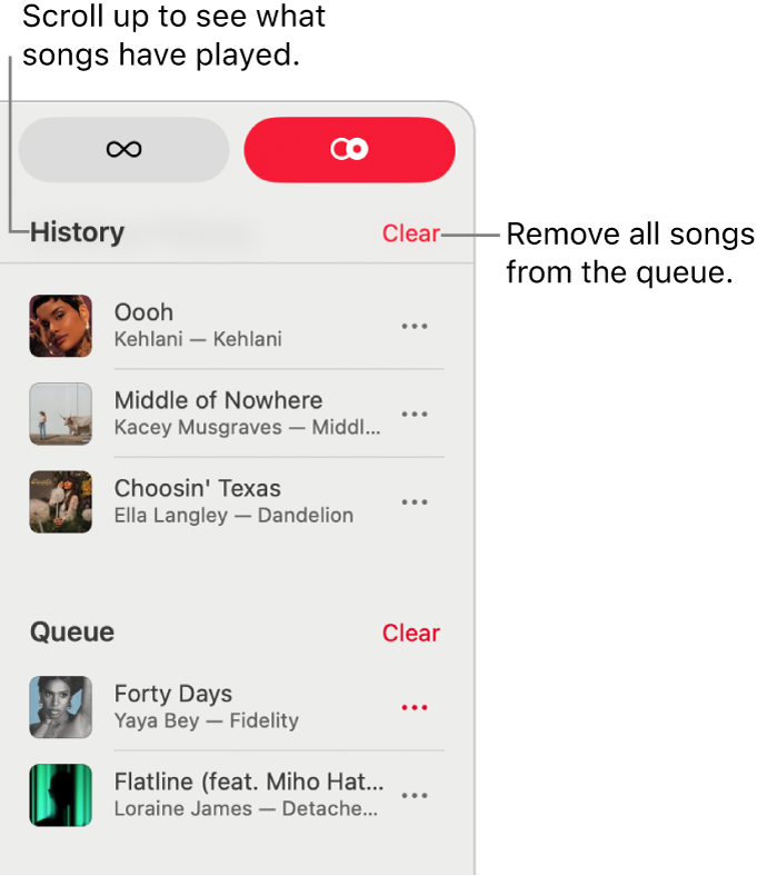 The queue is visible at the top-right corner of Apple Music. The History and Queue sections appear.