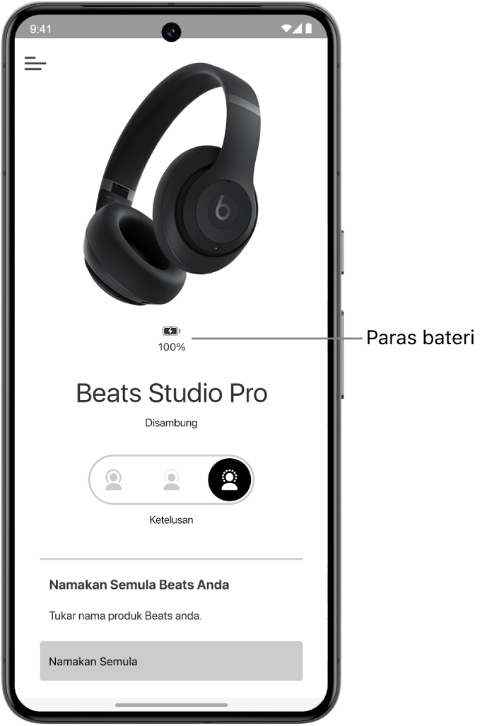 Skrin peranti app Beats menunjukkan paras bateri fon kepala Beats&nbsp;Solo&nbsp;4 yang disambungkan.