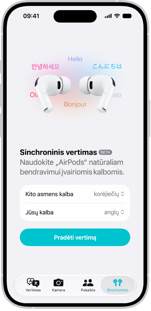 „iPhone“ programoje „Vertimas“ rodomas sinchroninio vertimo ekranas. Ekrane rodomi du iškylantieji meniu, kuriuose galima pasirinkti kito asmens kalbą ir savo kalbą, taip pat mygtukas „Sinchroninis vertimas“ vertimui pradėti.