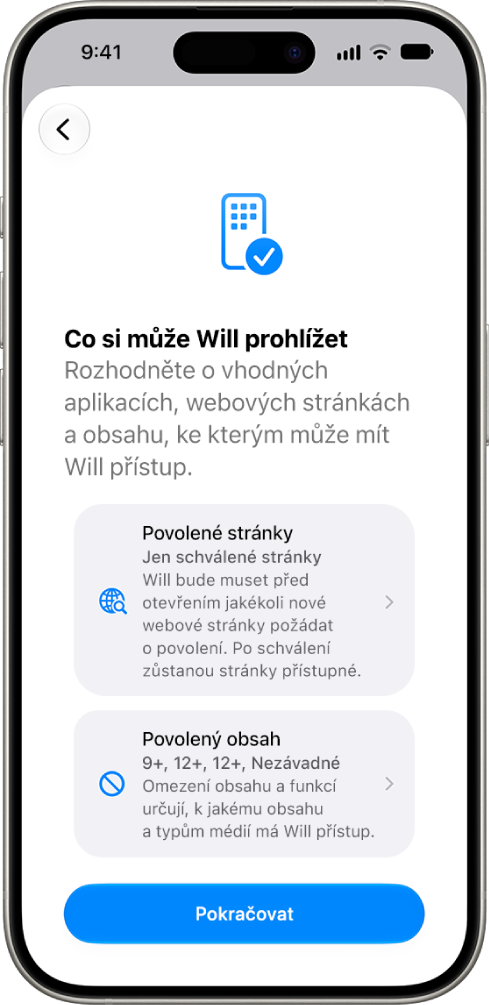 Obrazovka nastavení rodičovského dohledu s&nbsp;volbami typů obsahu, ke kterému lze povolit přístup, například aplikací nebo stránek.