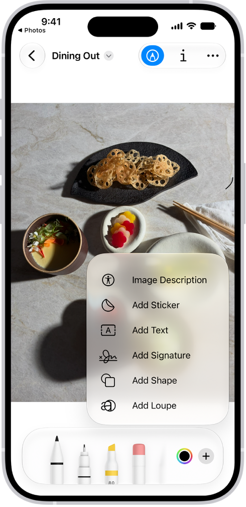 An image open in the Preview app. A menu shows options that can be added to it, such as stickers and text. The Markup, Info, and More buttons appear at the top of the screen, and annotation tools appear at the bottom of the screen.