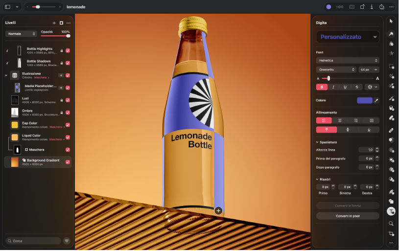 Un’illustrazione di una bottiglia nella finestra dell’app Pixelmator.