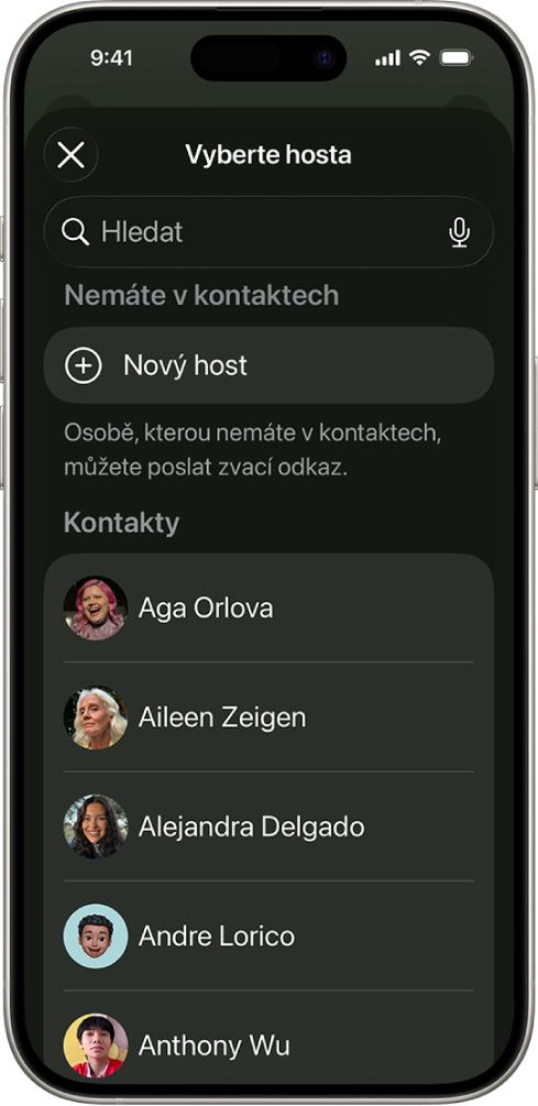 Obrazovka „Vyberte hosta“ a&nbsp;seznam kontaktů na iPhonu