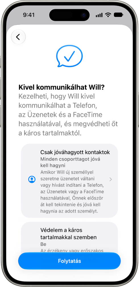A szülői felügyelet beállítási képernyője, amely lehetőségeket mutat arra vonatkozóan, hogy kivel kommunikálhat a gyerek.