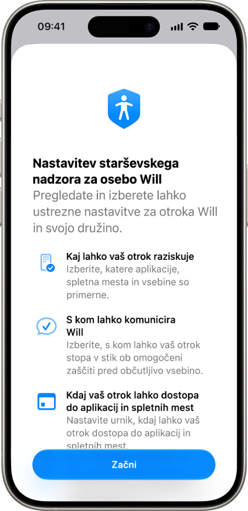 Zaslon za nastavitev starševskega nadzora z možnostmi za začetek.