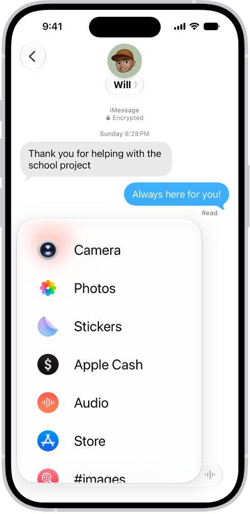 A list of features that appears after tapping the Add button in a Messages conversation.