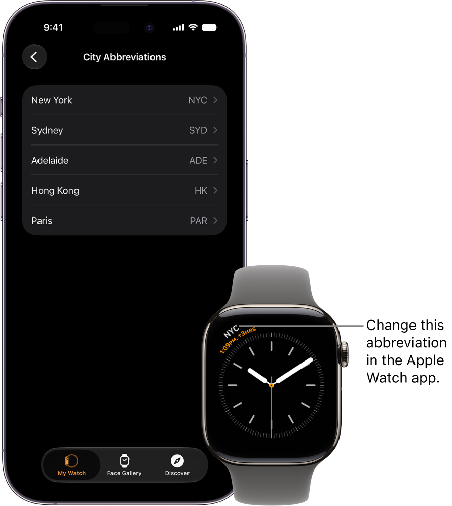 An iPhone and Apple&nbsp;Watch, side by side. The Apple&nbsp;Watch screen shows the time in New York City, using the abbreviation NYC. The iPhone screen shows the list of cities in Clock settings in the Apple&nbsp;Watch app.