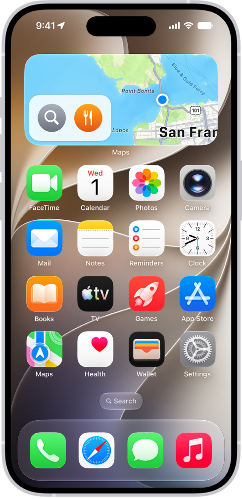 El widget de Mapas, otros widgets, e íconos de otras apps en la pantalla de inicio de un iPhone.