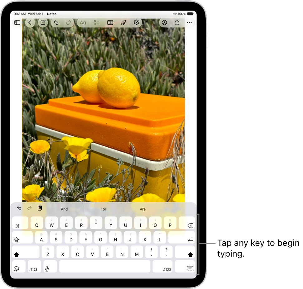 A document is open in the Notes app. The onscreen keyboard is in the bottom half of the screen.