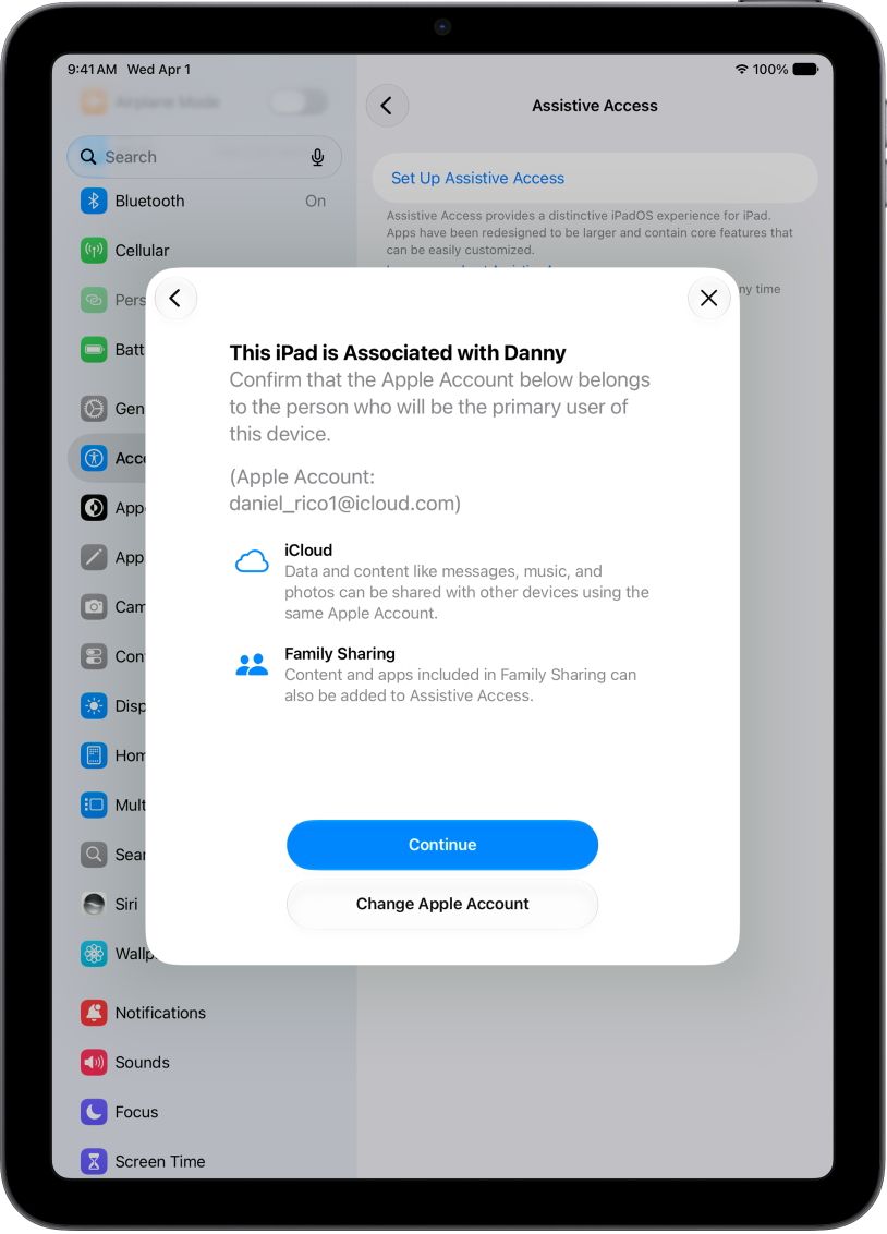 An iPad showing the Apple Account associated with the device and information about iCloud and Family Sharing features that can be used with Assistive Access.