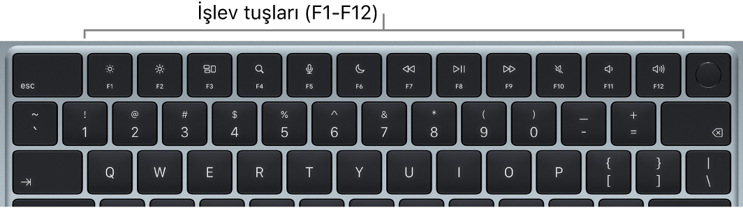İşlev tuşlarının en üst sırasını gösteren MacBook Air klavyesi.