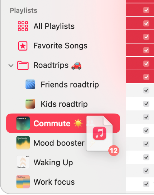 Songs being dragged to a playlist. The playlist is highlighted.