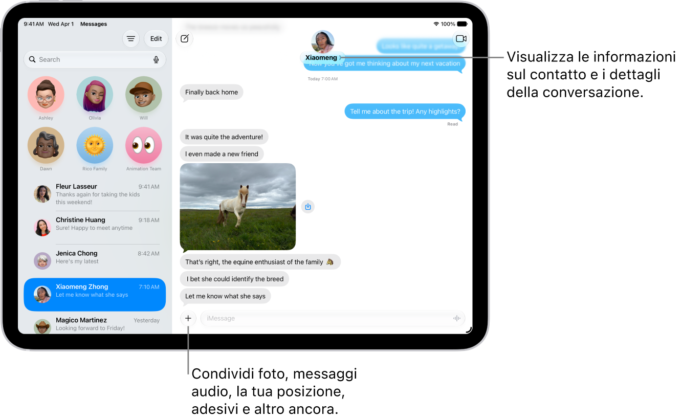 Una conversazione di Messaggi sulla sinistra con a destra la relativa trascrizione. In alto, toccando l’icona del contatto, vengono visualizzati i dettagli della conversazione.