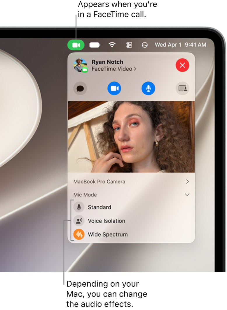 Control Center in the top-right corner of the Mac screen, showing the Video button (which appears when you’re in a FaceTime call) and the Mic Mode options (which change the audio effects, depending on your Mac).