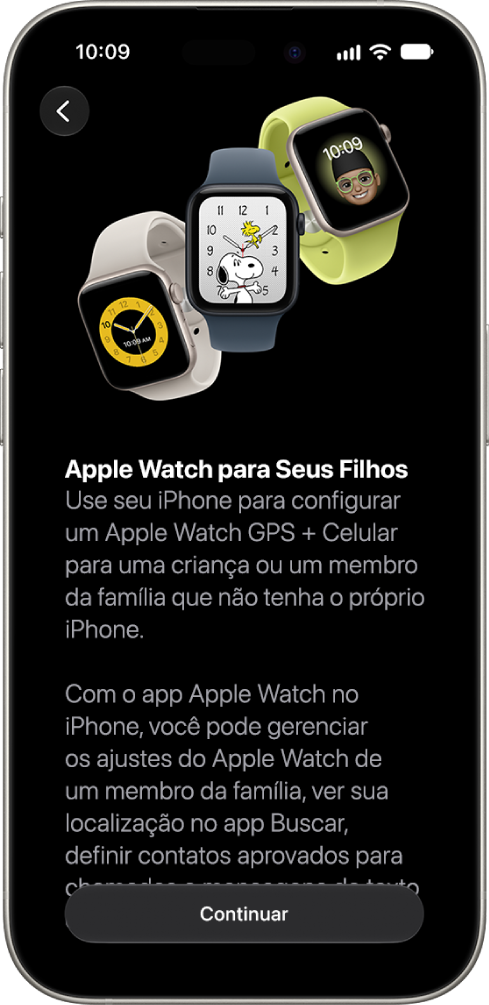 A tela Configurar um Apple&nbsp;Watch para a Criança mostrando a opção de continuar a configuração.