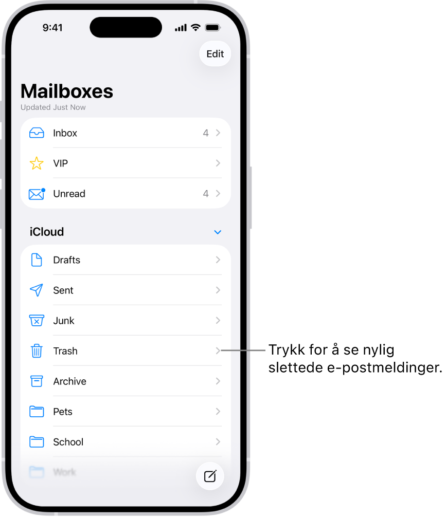 Postkasser-skjermen. Under iCloud vises postkasser fra øverst til nederst, inkludert Papirkurv-postkassen. Trykk på den for å se nylig slettede meldinger.