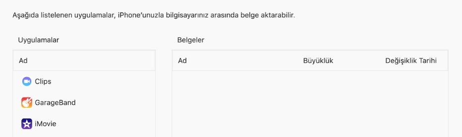 Bir aygıtla eşzamanlanabilen uygulamaları gösteren Dosyalar penceresi.