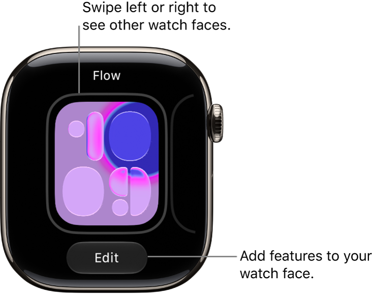 A watch face showing the Edit button, which appears after you touch and hold the watch face. The name of the watch face is at the top. Swipe left or right to see other watch face options.